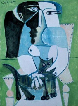 キュービズム Painting - Femme au chat assise dans un fauteuil 1964 キュビズム